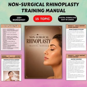 Könnte beinhalten: Ein digitales Schulungshandbuch für nicht-chirurgische Rhinoplastik mit einem zentralen Deckblatt, das ein Gesicht im Profil zeigt, umgeben von vier Informationsseiten zu Kursinhalten, Gesichtsanatomie und ästhetischen Prinzipien.