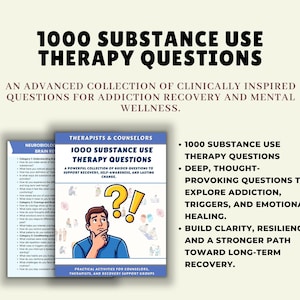 以下が含まれることがあります： 「1000 Substance Use Therapy Questions」というタイトルの本の表紙。疑問符について考えている人が描かれています。この本は、セラピストやカウンセラー向けで、依存症からの回復と精神的健康のための質問集です。