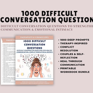May include: A workbook titled "1000 Difficult Conversation Questions" with a distressed woman illustration. The cover includes the text "Difficult Conversation Questions for Healthy Communication, Conflict Resolution & Growth." Additional text lists features like deep prompts and printable workbook.