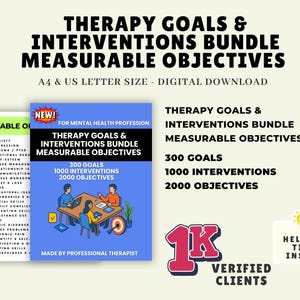 May include: A digital download graphic with the text "Therapy Goals & Interventions Bundle Measurable Objectives." The image includes a blue book with illustrations of people at a table, and the text "300 Goals, 1000 Interventions, 2000 Objectives."