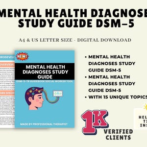 Puede incluir: Una descarga digital titulada "Mental Health Diagnoses Study Guide DSM-5" con una cubierta azul claro. La cubierta presenta una ilustración de la cabeza de una persona con líneas de actividad cerebral. El texto incluye "A4 & US Letter Size - Digital Download".