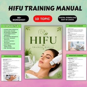 May include: A HIFU training manual digital download featuring 80+ worksheets and 10 topics. The cover displays a person receiving a HIFU facial treatment with white grid lines on their face, alongside pages detailing skin anatomy and treatment protocols.