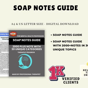 May include: Digital SOAP Notes Guide for mental health professionals. The guide includes over 2000 notes in 30 categories. The cover is grey with teal accents and the text "SOAP NOTES GUIDE". Available in A4 and US Letter size.