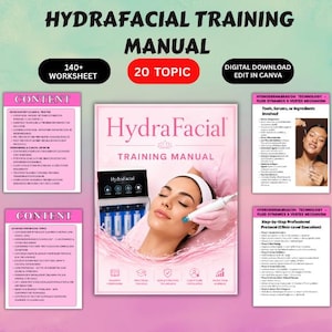 Puede incluir: Un manual de formación digital HydraFacial con más de 140 hojas de trabajo y 20 temas. La portada muestra a una persona recibiendo un tratamiento facial con un dispositivo, junto a páginas que detallan la tecnología de hidro-dermoabrasión.