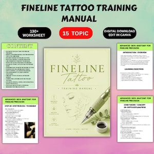 May include: A digital fineline tattoo training manual featuring 130+ worksheets and 15 topics. The cover displays a line drawing of a face, a tattoo machine, and ink. Includes pages on skin anatomy, step-by-step techniques, and core theory concepts.