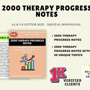 Op de afbeelding: Een digitale download van "2000 Therapy Progress Notes" in A4- en US Letter-formaten. De afbeelding toont een omslag met de tekst "Counselling Documentation Templates Guide" en "Psychotherapy Session Notes". De afbeelding bevat ook een grafiek.