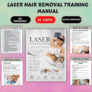 May include: A digital laser hair removal training manual featuring a central cover page with a person receiving treatment, surrounded by four informational pages detailing content, industry overview, pro tips, and step-by-step procedures.