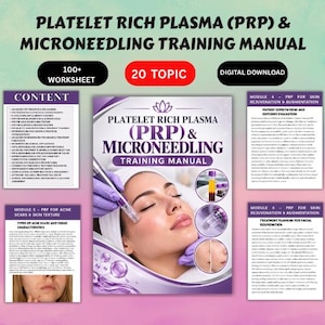 Puede incluir: Un manual de formación digital sobre plasma rico en plaquetas y microneedling con una portada que muestra a una persona recibiendo un tratamiento, una lista de contenidos y páginas de módulos. El texto incluye Platelet Rich Plasma (PRP) & Microneedling.