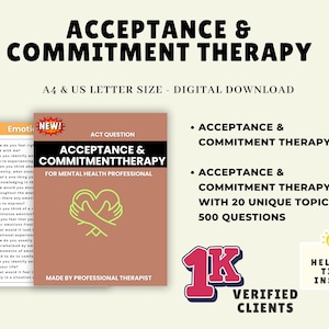 May include: A digital download titled "ACCEPTANCE & COMMITMENT THERAPY" for mental health professionals. The design features a book cover with a heart-shaped graphic, a list of topics, and the text "1K VERIFIED CLIENTS".