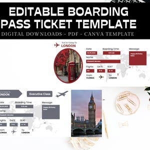 Surprise Trip Boarding Pass Ticket: Florida to London (Digital Download Canva Template)