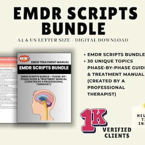 Puede incluir: Gráfico de descarga digital con el texto "EMDR SCRIPTS BUNDLE" en negrita negra. La imagen incluye un libro con el título "EMDR SCRIPTS BUNDLE" y una lista de características, que incluyen 30 temas únicos y una guía paso a paso.