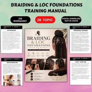 May include: A training manual for braiding and loc foundations, with the text "170 Worksheet" and "28 Topic". The cover shows a woman with braided hair. The manual includes sections on key knowledge, topic introduction, professional techniques, and safety/client care.