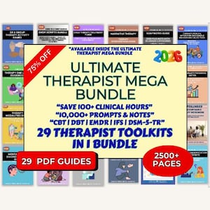 Może przedstawiać: Obraz promocyjny dla "Ultimate Therapist Mega Bundle" z 29 przewodnikami PDF. Centralny tekst podkreśla cechy pakietu, w tym ponad 10 000 podpowiedzi i notatek oraz zasoby CBT, DBT, EMDR, IFS i DSM-5-TR. Czerwony baner wskazuje 75% zniżki.