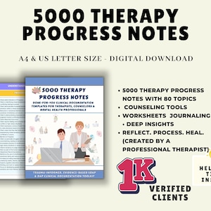 以下が含まれることがあります： 「5000 Therapy Progress Notes」というタイトルのデジタルダウンロードで、「A4 & US Letter Size」というテキストが含まれています。表紙にはセラピストとクライアントのイラストが描かれています。追加のテキストには、「カウンセリングツール」、「ワークシートジャーナリング」、および「深い洞察」が含まれています。