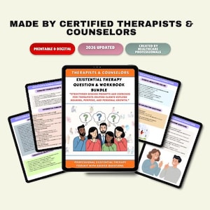 May include: A digital workbook bundle for therapists and counsellors. The cover features a colourful illustration of people with question marks above their heads. The text reads "Existential Therapy Question & Workbook Bundle" and "Professional Existential Therapy Toolkit with Guided Questions."