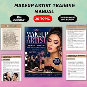 May include: A digital makeup artist training manual featuring 150+ worksheets and 20 topics. The cover displays a person applying makeup with brushes, surrounded by cosmetics. The manual includes pages on professional procedures, techniques, and key knowledge.