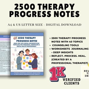 May include: A digital download product titled "2500 Therapy Progress Notes." The cover features an illustration of three people and the text "Done-For-You Clinical Documentation Templates for Therapists, Counselors & Mental Health Professionals." Additional text includes "Counseling Tools" and "Worksheets Journaling."