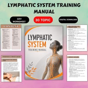 Puede incluir: Un manual de formación digital sobre el sistema linfático con una portada que muestra un torso humano y la red linfática en naranja. Incluye más de 120 hojas de trabajo, 30 temas y páginas que detallan la anatomía y los capilares linfáticos.