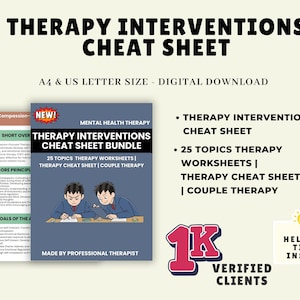 Puede incluir: Un gráfico de descarga digital con el texto "Therapy Interventions Cheat Sheet". La imagen incluye un paquete de hojas de trabajo y una hoja de trucos, con el texto "25 Topics Therapy Worksheets" y "Couple Therapy."