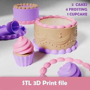 Könnte beinhalten: Eine Sammlung von 3D-gedruckten Spielzeugkuchen und Cupcake-Komponenten in Lila, Beige und Rosa. Das Set enthält zwei Kuchen, vier Frosting-Teile und einen Cupcake. Der Text "2 CAKES 4 FROSTING 1 CUPCAKE" ist sichtbar.