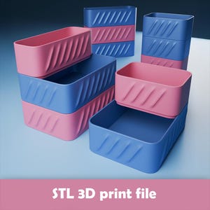 Puede incluir: Varios contenedores rectangulares apilados en rosa y azul. Los contenedores tienen un diseño acanalado en los lados. El texto "STL 3D print file" está en la parte inferior de la imagen.