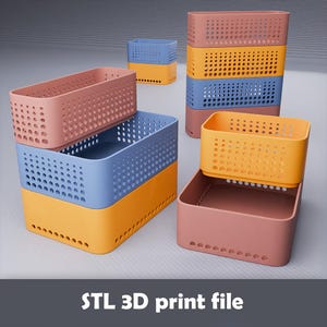 May include: Several rectangular storage baskets in pink, blue, and yellow. The baskets are stacked and arranged, featuring a perforated design. The image includes the text "STL 3D print file" at the bottom.