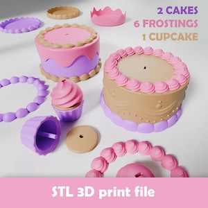 Może przedstawiać: Zestaw wydrukowanych w 3D zabawek w postaci ciast i elementów babeczek w odcieniach różu, fioletu i beżu. Obraz zawiera dwa ciasta, sześć lukrów i jedną babeczkę, z tekstem "2 CAKES 6 FROSTINGS 1 CUPCAKE". Widoczna jest również fraza "STL 3D print file".