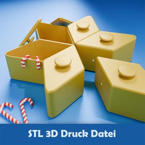 Op de afbeelding: Gele geometrische opbergdozen met afgeronde deksels en zuurstokken. De dozen zijn gerangschikt op een blauw oppervlak. De tekst "STL 3D Druck Datei" staat onderaan de afbeelding.