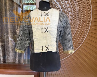 Handmade Half Body Chainmail Armor | Mild Steel Wedge Riveted Haubergeon with Brass Trim