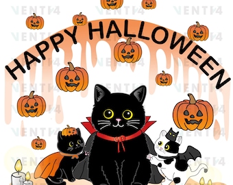 Cute Black Cat Halloween Costume Clipart: Hand-Drawn Spooky Cats PNG (Digital Download)