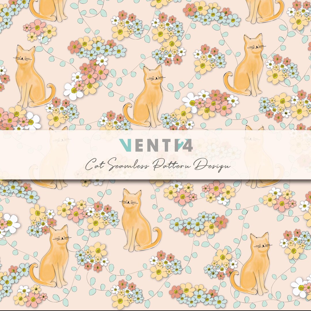Watercolour Cat and Flowers Seamless Pattern: Hand-drawn Repeat Design ...