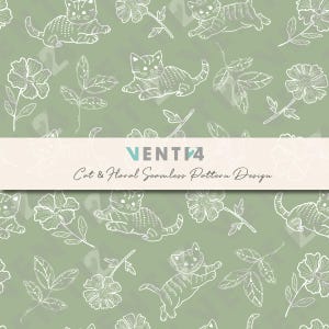 May include: Seamless pattern design featuring white line art of playful cats and floral elements on a muted green background. The design includes various cat poses, flowers, and leaves. The text "VENTIA Cat & Floral Seamless Pattern Design" is displayed on a white banner.