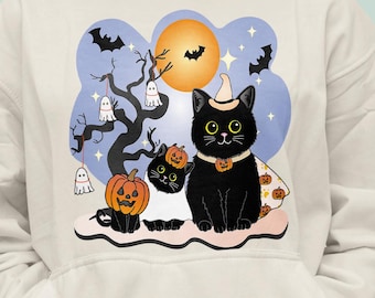 Cute Black Cat Halloween Costume Clipart: Hand-Drawn Spooky Cats and pumpkins PNG, transparent background (Digital Download 300dpi)