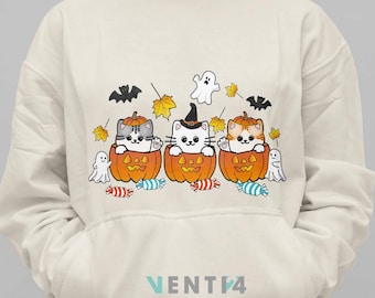 Hand Drawn Cute Cat Happy Halloween PNG | cute cats with Pumpkins Clip Art | Digital Download | Transparent Background | 300dpi