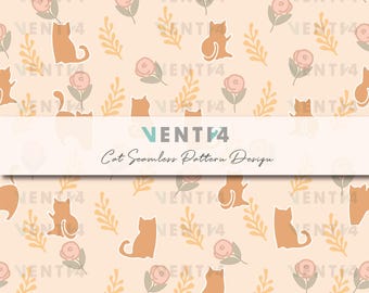 Padrão de gato e flores sem emendas: design repetido desenhado à mão (download digital em JPG de 300 dpi)