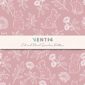 Puede incluir: Un patrón sin costuras con dibujos lineales blancos de gatos, flores y hojas sobre un fondo rosa empolvado. El diseño incluye varias poses de gatos y arreglos florales. El texto "VENTIA" y "Cat and Floral Seamless Pattern" se muestra en una pancarta blanca.