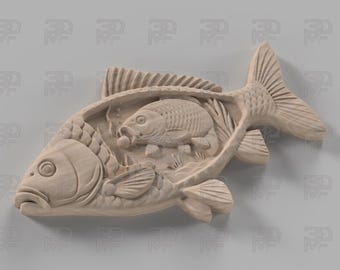 File STL di una carpa con scena subacquea intagliata – Modello 3D per fresatura CNC a tema pesca (Download digitale)