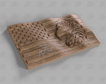 File STL per intaglio di un'aquila calva con bandiera ondulata degli Stati Uniti in 3D: pronto per il router CNC
