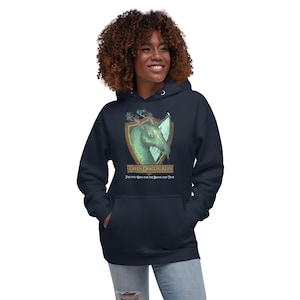 May include: Dark navy blue hoodie with a green dragon crest and the words "Green Dragon Ales: The Only Brew for the Brave and True." The dragon is on a gold-edged shield. The hoodie has a front pocket and a drawstring hood.