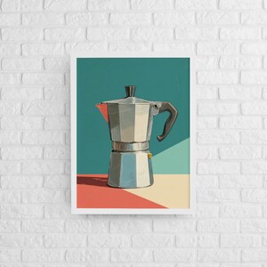 Könnte beinhalten: Gerahmter Kunstdruck mit einer stilisierten Abbildung eines silbernen Espressokochers. Das Kunstwerk hat einen türkisfarbenen Hintergrund mit einem roten und beigen Vordergrund. Der Espressokocher hat einen schwarzen Griff.