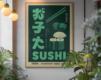 Stampa di sushi / Poster retrò di cibo giapponese / Decorazione per la cucina in verde scuro