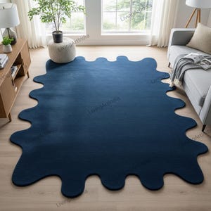 Irregular Shape Solid Deep Blue Tone Rug Hand Tufted Modern 100% Wool Area Rugs For Bedroom Aesthetic, living room, Minimalist Kids Room Rug