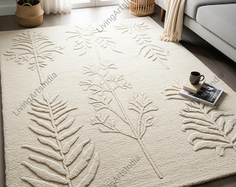 Creamy White Leaf Texture Hand Tufted Botanical Design Custom Wool Rug, Modern High Low Pile 6x9 8x10 9x12 Area Rugs for Living Room Nursery