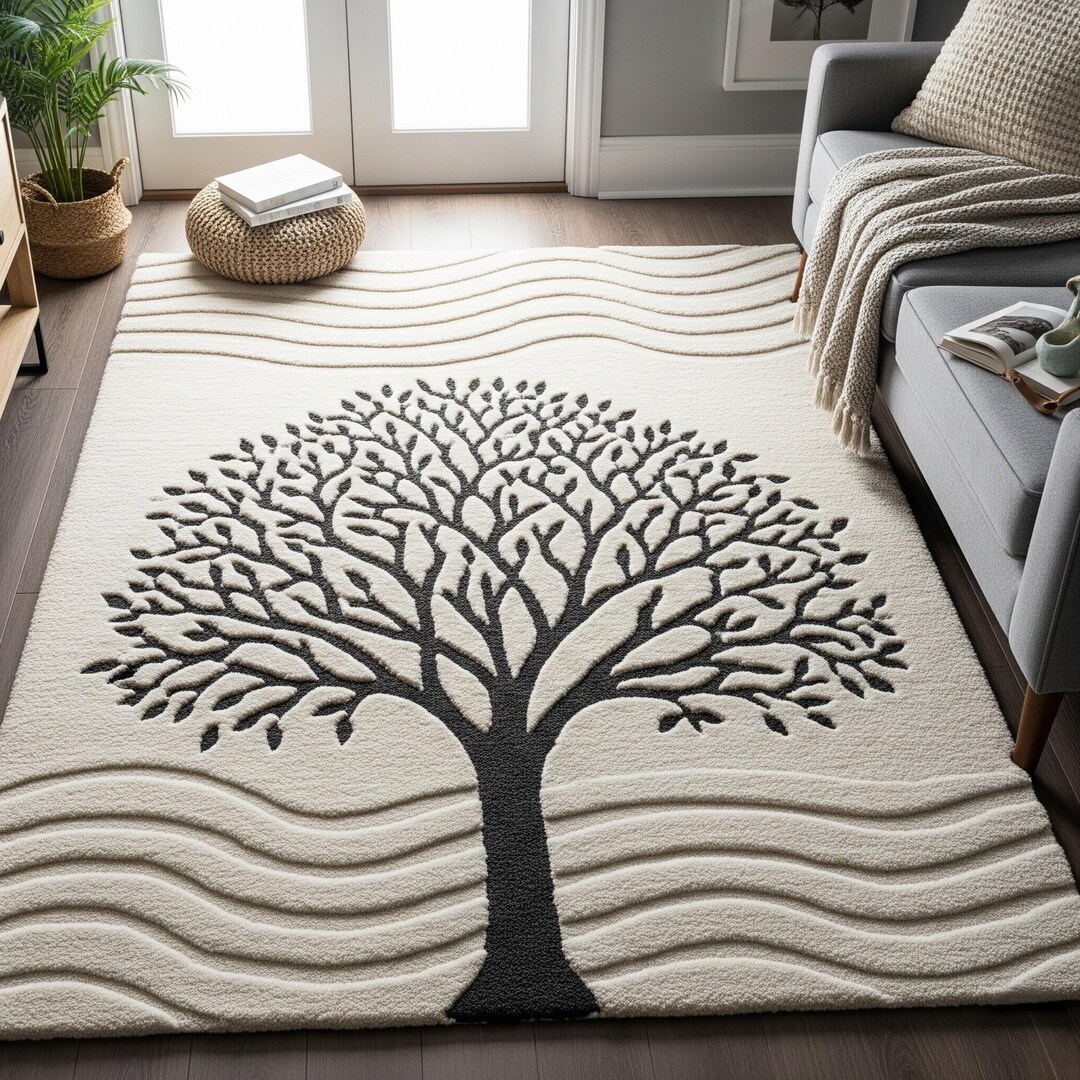 Hand Tufted Tree Pattern Wool Rugs, Ivory Black Plant and Tree Wavy ...
