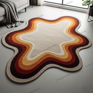 Colorful Irregular Wavy Layered Hand Tufted Amoeba Shape Wool Rug for Living Room, Retro Modern Abstract Unique Textured Kids Room Area Rugs