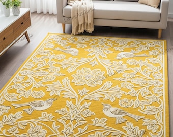 Yellow Floral Hand Tufted Rugs for Bedroom, Modern Off White Bird Wool Area Rug, Botanical 8x10 Living Room Rugs, Custom Indoor Carpet