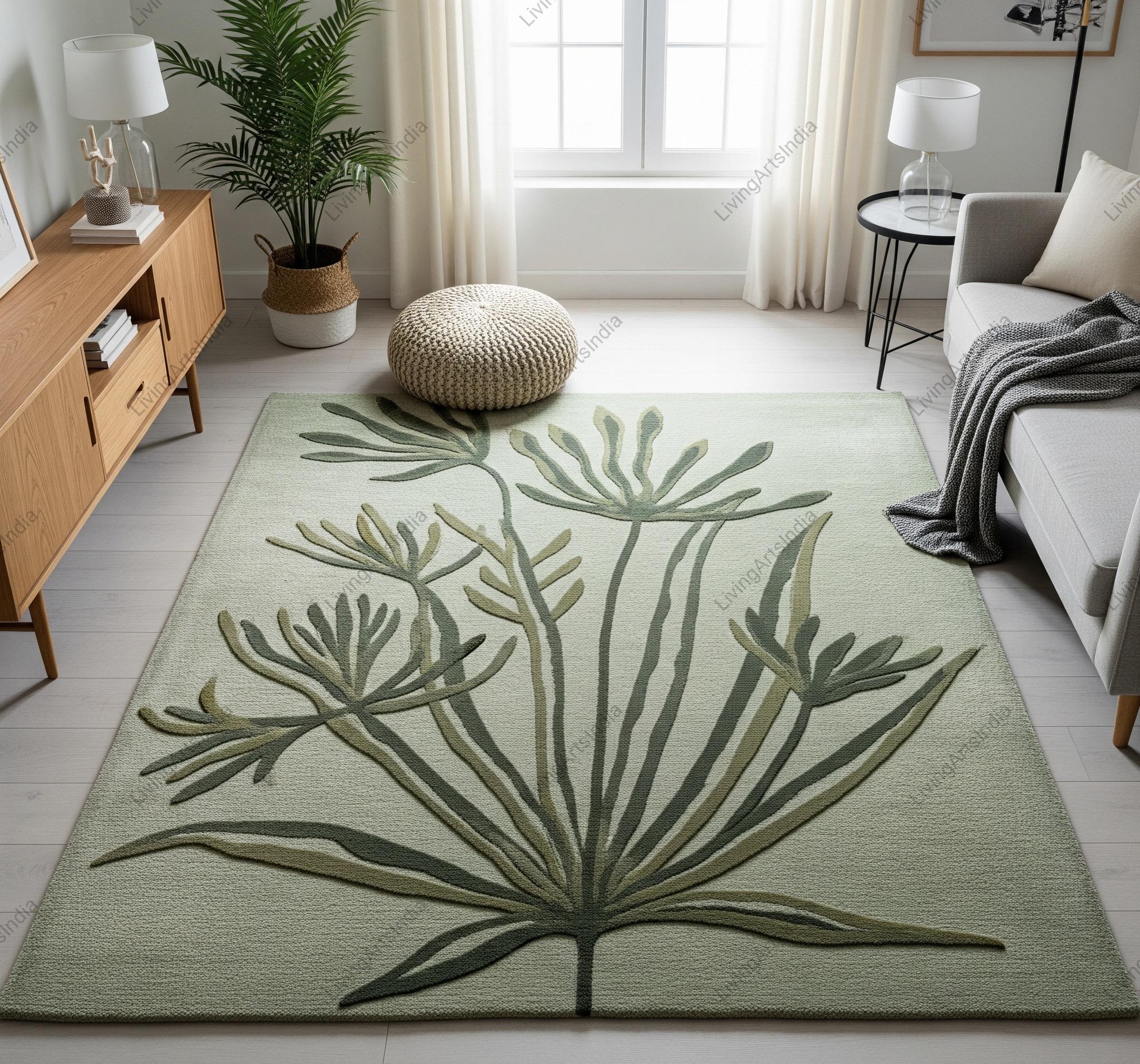 Muted Sage Olive Green Floral Hand Tufted Botanical Design Bedroom Wool Rug, Modern Contemporary Unique Textured Area Rugs for Living Room