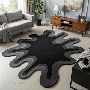 Irregular Black Grey Amoeba Shape Hand Tufted Wool Area Rugs for Kids Room, Modern Abstract Melting Design 8x10 Living Room Rug, Custom Rugs