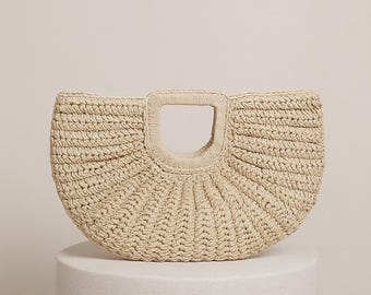 Handmade Woven Rattan Half-Moon Bag, Boho Beach Tote