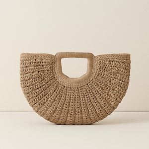 Boho Half-Moon Rattan Straw Bag with Wooden Handles, Handwoven Summer Beach Tote, Eco-Friendly Vacation Purse for Women